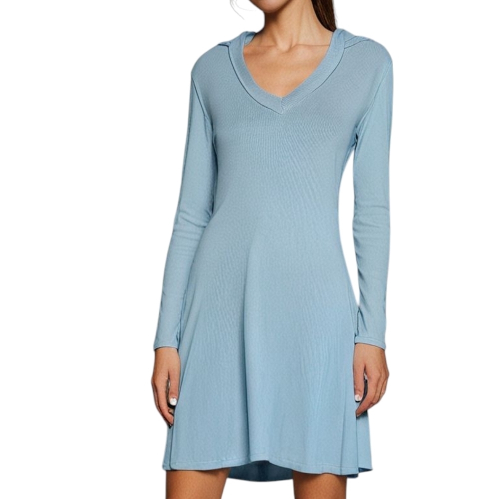 PJ Harlow Night Dress Longline Lounge Womens L Soft Casual Cozy Blue Hood Cotton